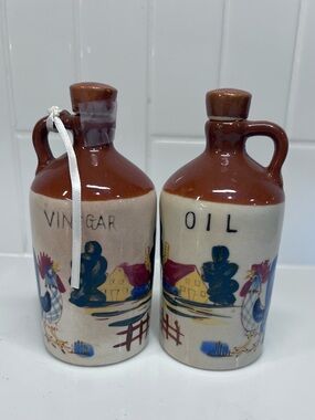 Vintage Oil & Vinegar Jug Ceramic Bottles Farm Scene W Rooster Japan Relco